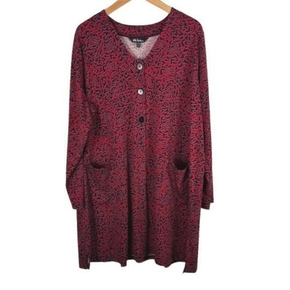 Ulla Popken Cardigan Lagenlook 3 Button Up Womens 20/22 Red Animal Print Pockets